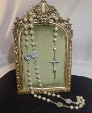 Vtg Basilica Rosary Glass Pearl Prayer Beads Silvertone Crucifix Rome Medals picture