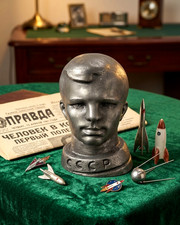 vintage USSR Yuri Gagarin Bust Soviet Space Statue Cosmonaut Metal 1960s picture