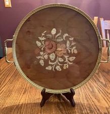Beautiful Vintage Intarsitalia Inlaid Wood and Brass Serving Tray Flower Design picture