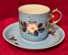 Antique Tettau Porcelain Tea Cup & Saucer Light Blue Floral Early 20th Germany picture