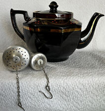 Vintage Price Bros. Tea Pot & Two Tea Seepers Handpainted Brown & Gold VGUC picture