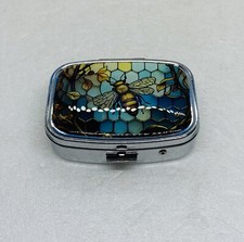 Vintage Enamel Metal Make Up Box & Mirror Bee And Honey Comb Art Design C3 picture