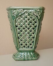 Majolica Pottery Glazed Green Lattice Open Work Vase 10 7/8'' Vintage picture