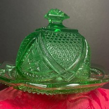 Antique EAPG Green Depression Glass High Dome Butter Dish Massachusetts Pattern picture