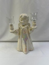 Vintage 1985 Ceramic Iridescent Pearl Angel Candelabra Hurricane Lamps picture
