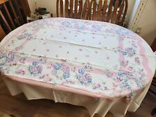 Beautiful Spring Summer Floral Vintage Tablecloth: Pink & Blue Flowers; Lg. Size picture