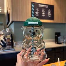 New Starbucks Barista 2025 Green Hat Bear 20oz Glass Cold Tumbler Straw Cup XMAS picture