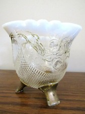Footed Floral Glass Dish / Bowl Opalescent Ruffled Rim picture