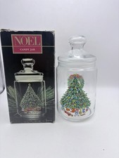 Vtg House Of Salem Noel Christmas Tree Wreath Glass Candy Jar Canister w/box picture