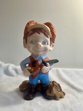 Vintage Atlantic Mold Ceramic Statue Smiling Boy Hunter with Dog Blue Eyes 11 in picture