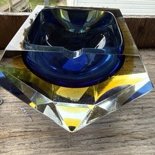 VTG Murano Glass Sommerso Ashtray Mandruzzato cobalt and yellow faceted  picture
