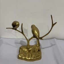 Vintage Solid Brass Birds Perched on Tree Branches on a Textured Base 8” Tall  picture