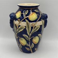 Hand-Painted Majolica Vase – Cobalt Blue with Citrus Motif & Decorative Handles picture