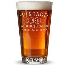 Vintage 1986 Etched Pint Glass 16oz - Unique 40th Birthday Gift for Him & Her picture