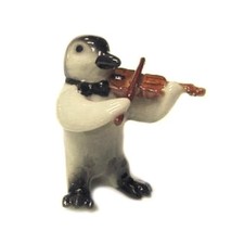 Northern Rose Penguin with Violin - Handcrafted - Miniature Porcelain Figurine picture