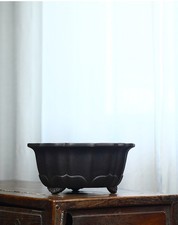 Large Yixing Zisha Bonsai Pot Marked Deep Lobed Dark Brown Clay Planter 10.8/14