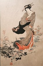 Antique Japanese Woodblock Print -Autumn Beauty- by Teisai Hokuba - Framed picture