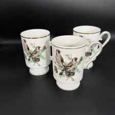 Vintage Royal Crown Bird Mugs Set of 3 Footed Porcelain Gold Trim 8 Oz Japan picture