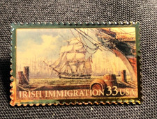 NEW Irish Immigration Stamp Collectable Lapel Pin - USA - Sailing Clipper Ship  picture
