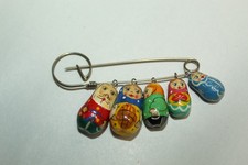 Vtg Russian Folk Art Hand Painted Wooden Nesting Dolls Brooch Pin Matryoshka picture