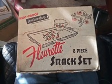 Vintage Anchor Hocking Fire King FLEURETTE  Milk Glass Snack Tray Set Of 4 w BOX picture