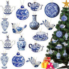 40 Pieces Christmas Chinoiserie Ornaments Blue and White Christmas Wooden Orname picture