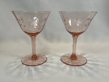 VNG Pink Drepression glass stemware Champagne Sherbet Etched Floral Set Of 2 picture
