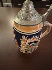 Vintage German Beer Stein Cobalt Blue Edelweiss Alpine Scene Pewter Lid DBGM picture