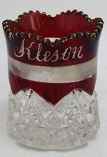 Antique Flashed Ruby Souvenir Glass Toothpick Holder, Etched 