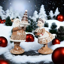 2PC Gingerbread Christmas decor Mrs. Claus or Santa Claus Resin Figurine Brown picture