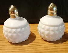 Vtg White Milk Glass Diamond Cut Salt Pepper Shakers Gold Tone Lids Japan Mint picture