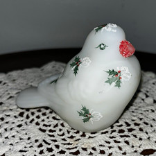 Fenton Hand Painted Holly Signed White Glass Bird Figurine 4in Christmas picture