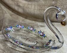 Vtg Glass Swan Hand Painted Trinket Candy Dish Charleton Roses Purple Flower Wow picture