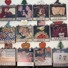 Nancy Thomas 12 Month Calendar Plaques Folk Art Prints On Tiles In Metal Frames picture