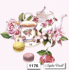 (1176) TWO Individual Paper Luncheon Decoupage Napkins - TEAPOT ROSES MACAROONS picture