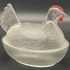 Indiana Clear Glass Hen on Nest w/Red Comb & Wattle Candy Dish c1940s USA 5.25