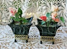 Pair Gilner Calif Mid Century Planters on Brass Bases Black w White Design picture