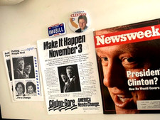 1992OCTOBER 26 NEWSWEEK MAGAZINE -CLINTON  2 Campaign Buttons,  4 Brochures picture
