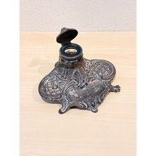 Antique French Art Nouveau Desk Inkwell Marked Bossu Spelter Glass Well Insert picture
