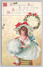 Postcard Christmas Day Poem Little Girl Dressed Up Hat Red Bow Wreath picture