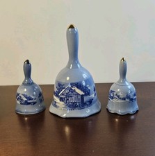 3 Currier & Ives Blue Porcelain Bells The Old Homestead in Winter 3.5