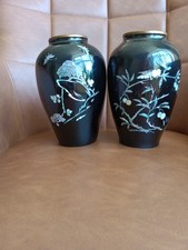 2 vintage Korean Black Lacquer Vases Mother of Pearl  picture