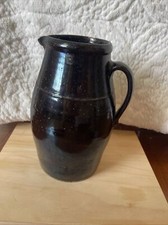 Vintage Stoneware Pitcher Dark Brown Glaze Hand Thrown Rustic Farmhouse 10” Chip picture