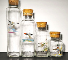 4 Vtg Ned Smith WATERFOWL Optic Glass Canisters or Jars with Cork, very Rare picture