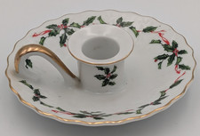 Vtg 1985 Lefton Candle Holder Porcelain Hand-Painted Holly & Ivy Chamber stick picture