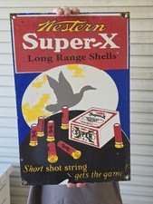 LARGE VINTAGE WESTERN SUPER X AMMUNITION PORCELAIN SIGN GUN AMMO 18