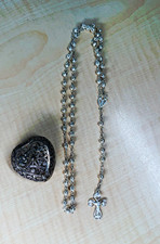 Vintage Silver Filigree Rosary & Matching Heart Trinket Keepsake Box Set picture