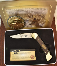 BUCK MADE IN USA BOONE & CROCKET CLUB 110 WOOD LOCKBACK KNIFE 2014 IN TIN (34336 picture