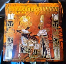 VTG Mid Century Egyptian Leather Wrapped Hinged Lined Trinket Box Gold Trim.  picture