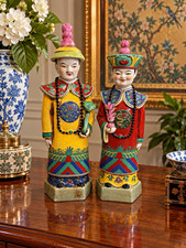 Pair Chinese Porcelain Court Figure Statues Chinoiserie Crackle Glaze  picture